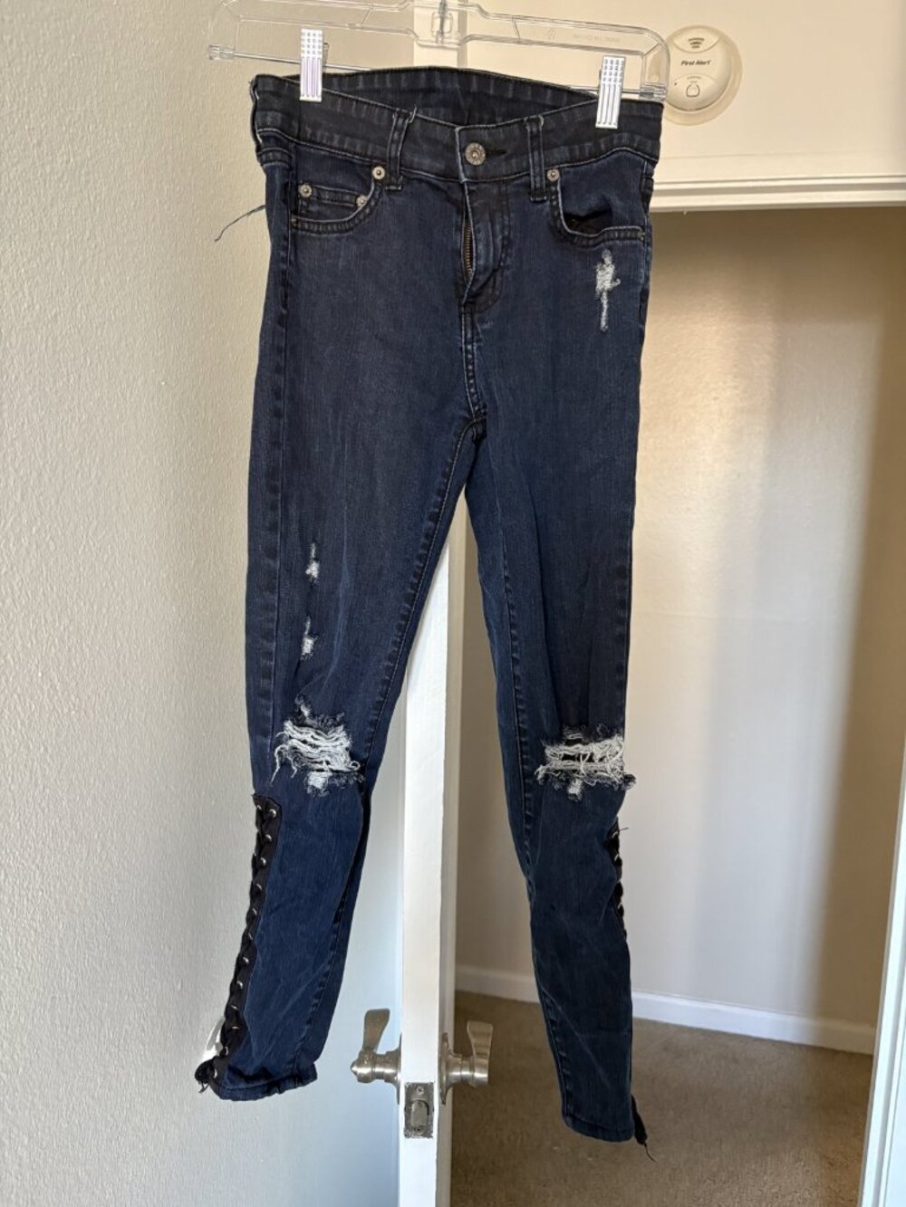 Carmar Lace Up Distressed Skinny Jeans Womens 26 Dark Wash Ripped Knee Ankle